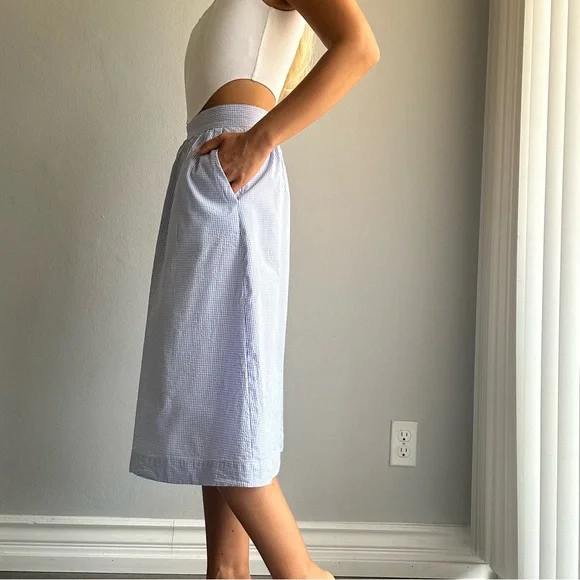 NWOT Mango Gingham 100% Cotton Midi A Line Skirt in Baby Blue w/ Pockets - Picture 4 of 13